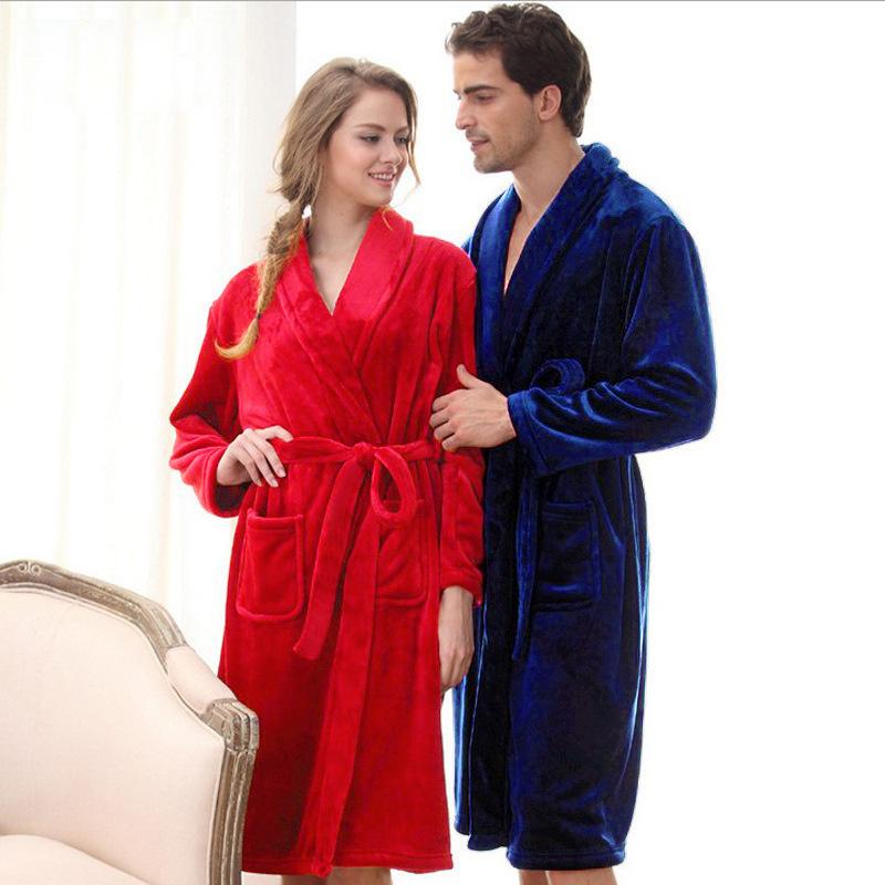 Bathrobe Long Sleeve Pajamas Solid Color Polo Collar Casual Flannel Nightgown Couple Homewear