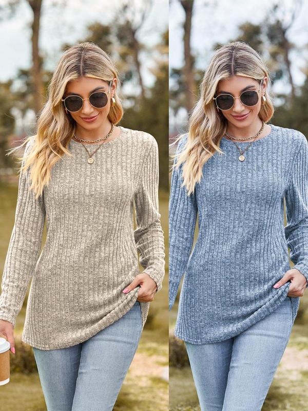 Women's Plain Ribbed Long Sleeve Sweater Pullover, Casual Round Neck T-shirt for Spring & Fall, Women's Knitwear for Daily Wear