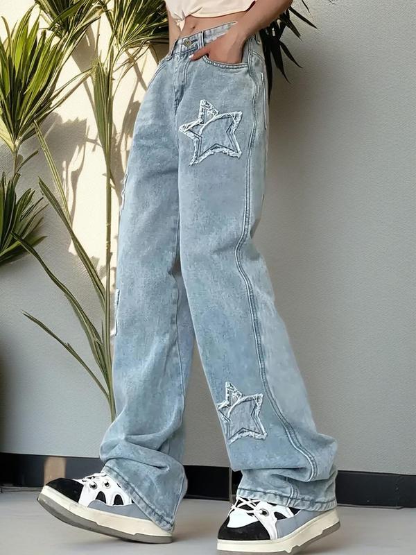 Women's Star Embroidered Raw Wash Straight Leg Baggy Jeans, Casual Pocket Button Fly Denim Trousers for Daily Wear, Ladies Bottoms for Fall & Winter, Preppy 80s Clothes