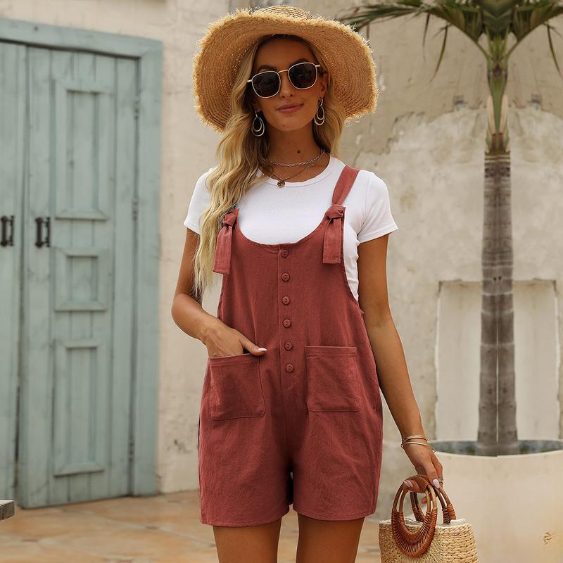 Yeokou Women's Casual Summer Cotton Linen Romper Overall Jumpsuit Shorts Womenswear Underwear Lady Comfort Basic Minimalist Sleeveless Strap Strappy