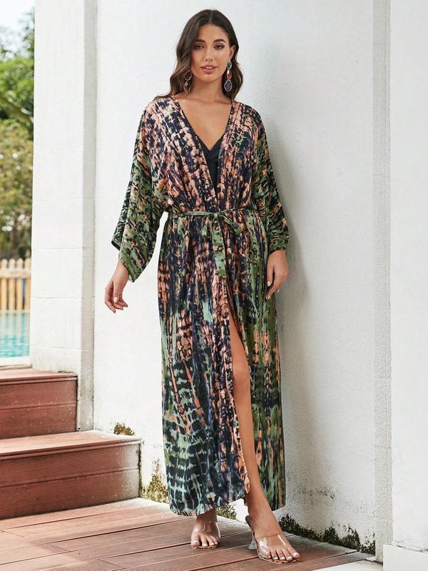 Women's Tie Dye Print Belted Kimono, Casual Long Sleeve Open Front Outerwear for Summer,  Cardigan for Women, Fashion Women's Clothing for Daily Wear, Summer Outfits 2024, Women's Tops