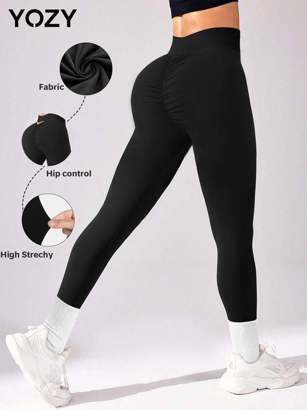 YOZY [Size 4-14] Solid Ruched High Waist Skinny Pants  Casual Comfy Breathable Hip Control High Stretch Leggings, 2024 Women's All Seasons Outfits for Daily Outdoor Wear, [S-XXL]