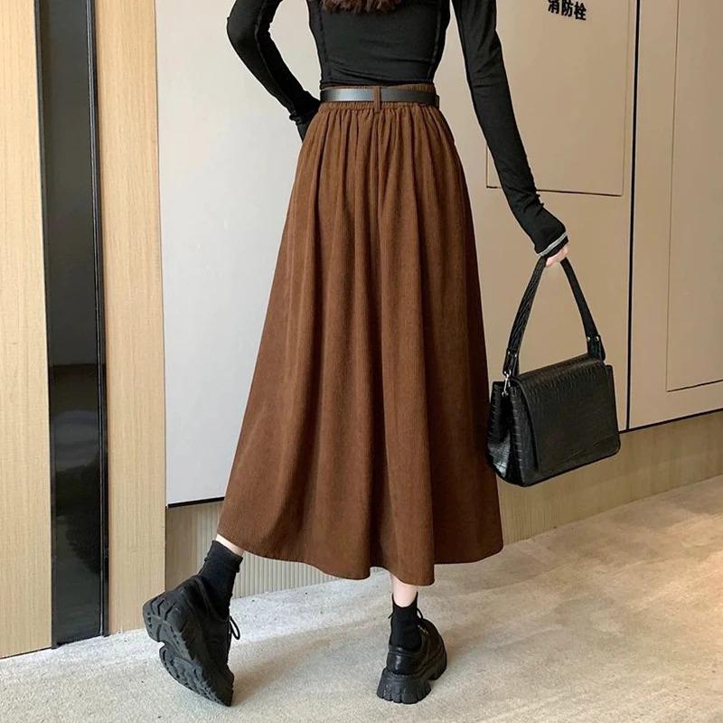 Autumn Winter Corduroy Pleated Skirt Women Korean Fashion High Waist A Line Long Skirts Woman Streetwear Thick Solid Midi Skirt