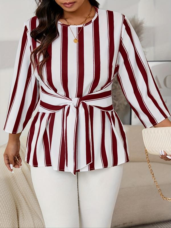  Striped Print Belted Shirt, Casual Long Sleeve Round Neck Top for Fall & Winter, Women's Clothes for Daily Wear