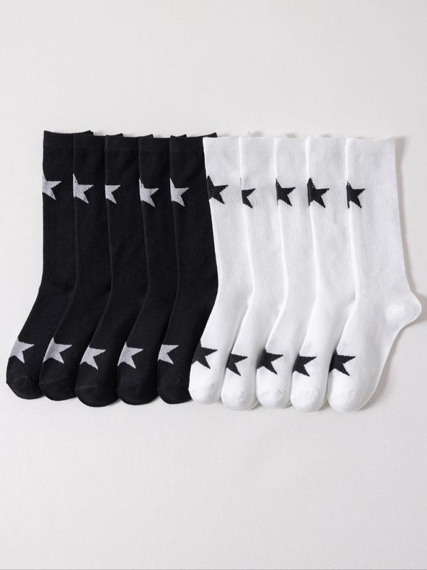 Women's 10 Pairs Star Print Crew Socks, Preppy Style Soft Comfortable Breathable Socks for Daily Wear, Multipack Knit Socks for All Seasons