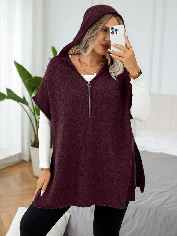 Women's Solid Color Batwing Sleeve Side Slit Hooded Sweater Vest, Casual Open Front Sleeveless Knit Top for Daily Wear, Ladies Clothes for All Seasons