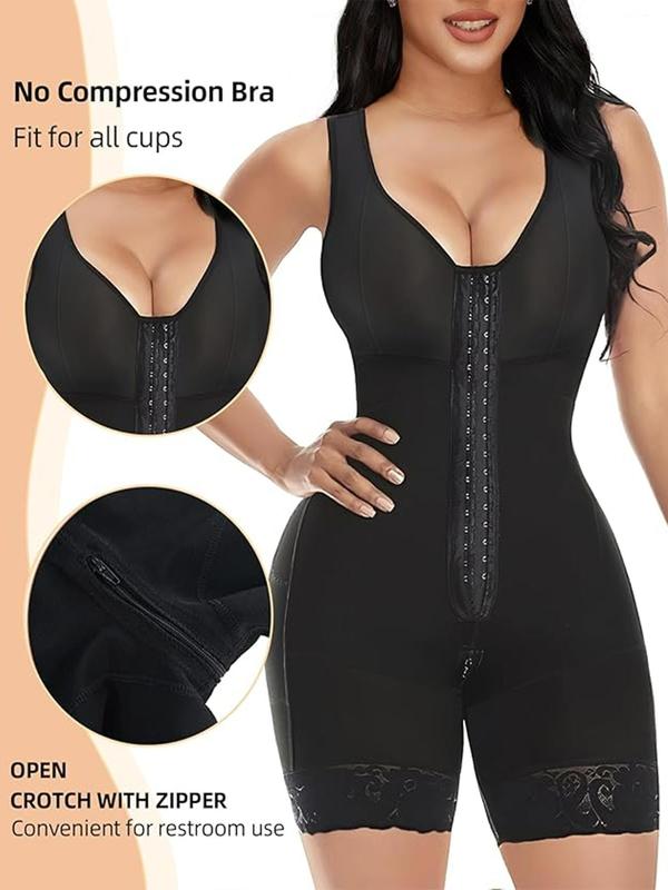 Women's Solid Contrast Lace Zipper Closure Crotch Shapewear Romper, Adjustable Hook & Eye Closure Tummy Control Butt Lifter Tummy Shaper Bodysuit, Ladies Shapewear for All Seasons