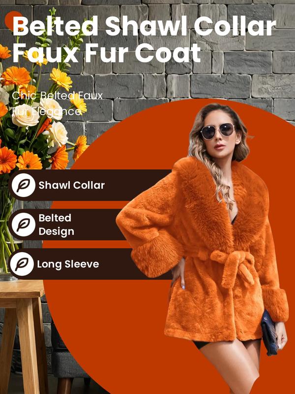 Women's Solid Color Belted Shawl Collar Faux Fur Coat, Casual Long Sleeve Open Front Outerwear for Fall & Winter, Ladies Clothes for Daily Wear