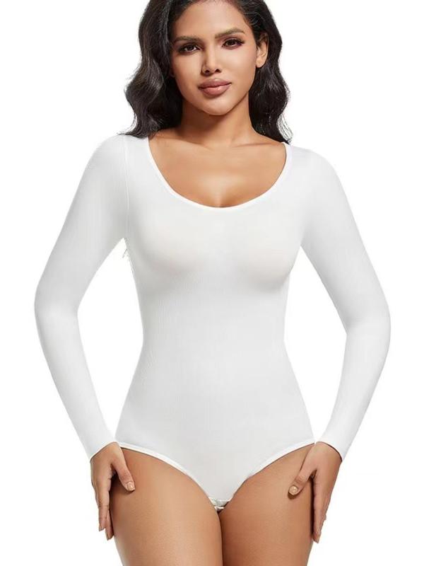  Women's Solid Long Sleeve Scoop Neck Shapewear Bodysuit, Casual Seamless Bodycon Shaperwear Romper for Daily Wear, Tight-fitting Ladies Clothes for All Seasons