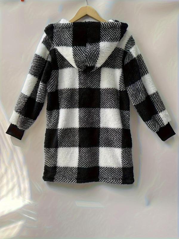  Plaid Print Pocket Zipper Hooded Fuzzy Coat, Casual Long Sleeve Drop Shoulder Outerwear for Fall & Winter, Women's Clothes for Daily Wear