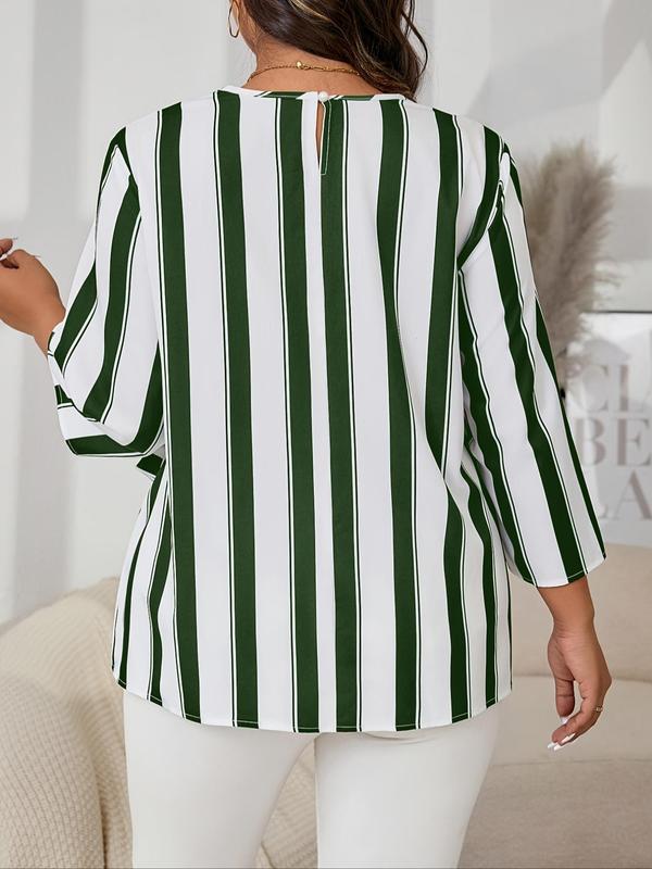  Striped Print Belted Shirt, Casual Long Sleeve Round Neck Top for Fall & Winter, Women's Clothes for Daily Wear