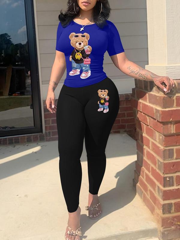 Two-Piece Set Women's Cartoon Bear Print Short Sleeve Tee & Skinny Pants, Fall Outfits, Casual Round Neck T-shirt & Trousers for Fall, Ladies Fall Clothes for Daily Wear