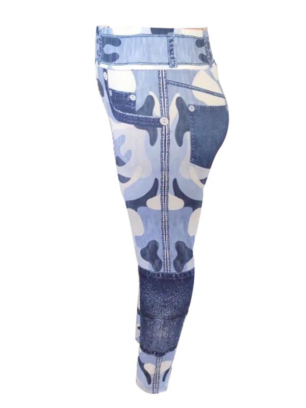 Plus Size Camo Print High Waist Fake Jeans Leggings for Spring, Lady Streetwear Casual Comfy Skinny Pants for Women, Women's Comfort Bottoms for Spring, Womenswear