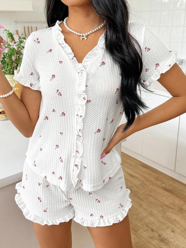 Two-piece Set Women's Ditsy Floral Print Frill Button Front Blouse & Shorts Pyjama Set, Summer Wear 2024, Cute Flounce Sleeve V Neck Top & Shorts Pj Set, Soft Comfy Sleepwear Set for Women Birthday Gifts