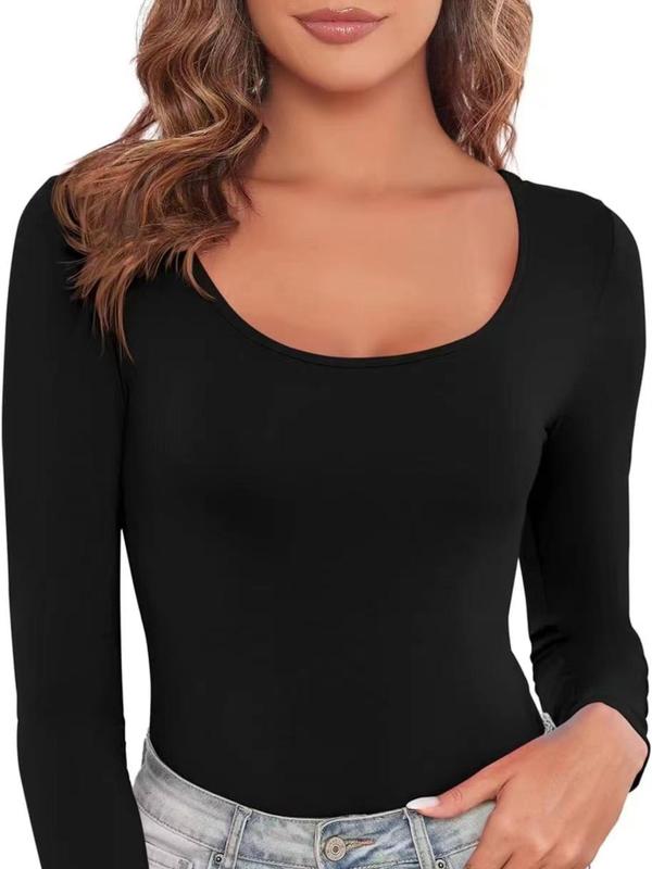  Women's Solid Long Sleeve Scoop Neck Shapewear Bodysuit, Casual Seamless Bodycon Shaperwear Romper for Daily Wear, Tight-fitting Ladies Clothes for All Seasons