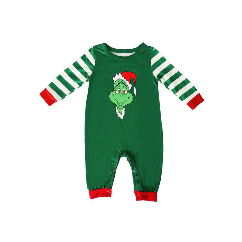 Christmas Parent-child Pajamas, Cartoon Print Long Sleeve Round Neck T-shirt, Striped Jumpsuit, Color Block Pants