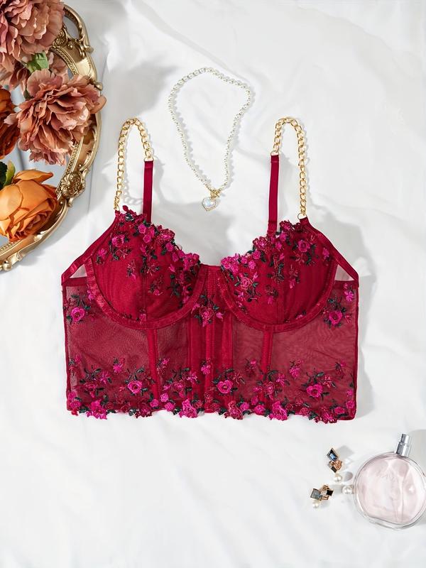 Women's Ditsy Floral Embroidered Chain Decor Adjustable Strap Push Up Bra, Lingerie Top for All Seasons, Fashion Underwear for Women