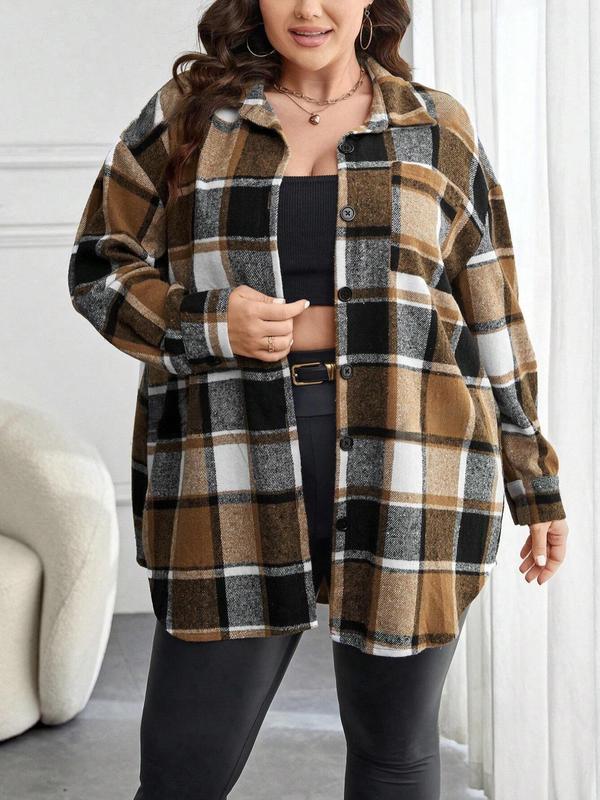  Tartan Print Button Front Drop Shoulder Jacket, Casual Long Sleeve Collared Pocket Outerwear for Fall & Winter, Women's Clothes for Daily Wear