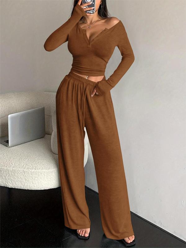 Women's Solid Button Front Long Sleeve Tee & Wide Leg Drawstring Waist Two-piece Set, Casual Fashion Cozy Two Piece Outfits for Daily Outdoor Wear, Women Clothes for All Seasons