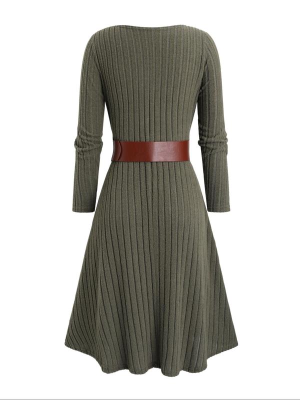  Colorblock Ribbed 2 in 1 Belted Dress, Casual Long Sleeve Dress for Fall & Winter, Holiday Dress, Women's Clothes for Daily Wear