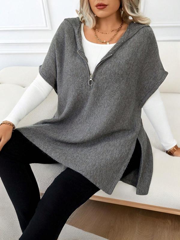 Women's Solid Color Batwing Sleeve Side Slit Hooded Sweater Vest, Casual Open Front Sleeveless Knit Top for Daily Wear, Ladies Clothes for All Seasons