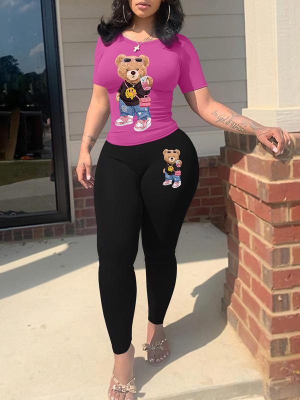 Two-Piece Set Women's Cartoon Bear Print Short Sleeve Tee & Skinny Pants, Fall Outfits, Casual Round Neck T-shirt & Trousers for Fall, Ladies Fall Clothes for Daily Wear