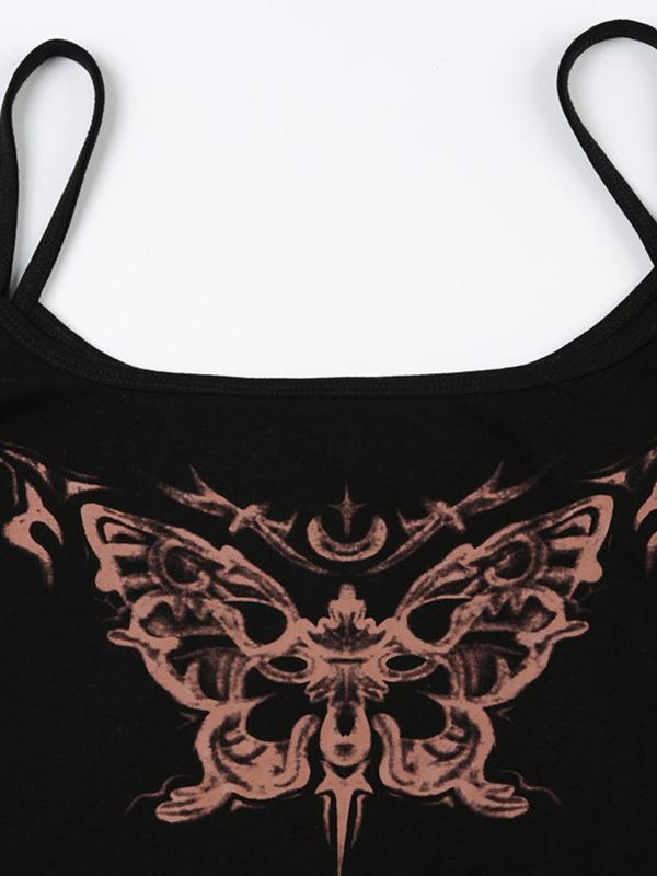 Women's Butterfly Print Cami Top, Casual Street Y2K Sleeveless Spaghetti Strap Top, Backless Tops, Summer Outfits 2024, Ladies Back To School Clothes for Daily Wear, Back To School Outfit