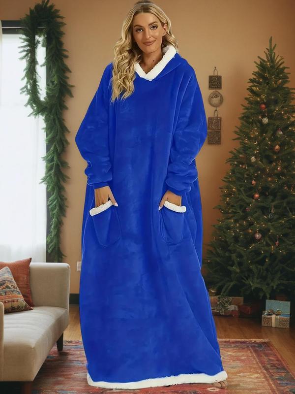 Women's Solid Raglan Sleeve Hooded Lounge Robe, Casual Oversized Loungewear, Long Sleeve Pocket Design Warm Robe for Fall & Winter, Women's Sleepwear for Indoor Wear Womenswear Gowns