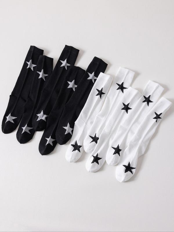 Women's 10 Pairs Star Print Crew Socks, Preppy Style Soft Comfortable Breathable Socks for Daily Wear, Multipack Knit Socks for All Seasons