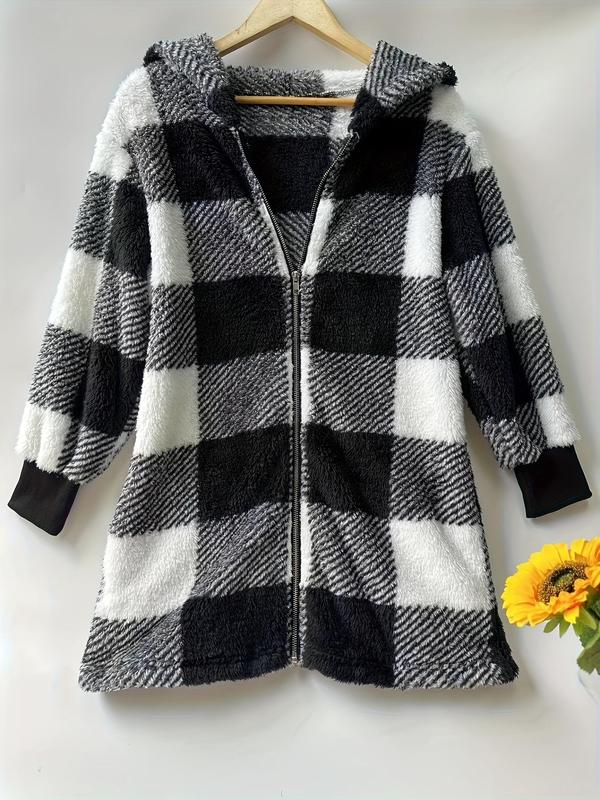  Plaid Print Pocket Zipper Hooded Fuzzy Coat, Casual Long Sleeve Drop Shoulder Outerwear for Fall & Winter, Women's Clothes for Daily Wear