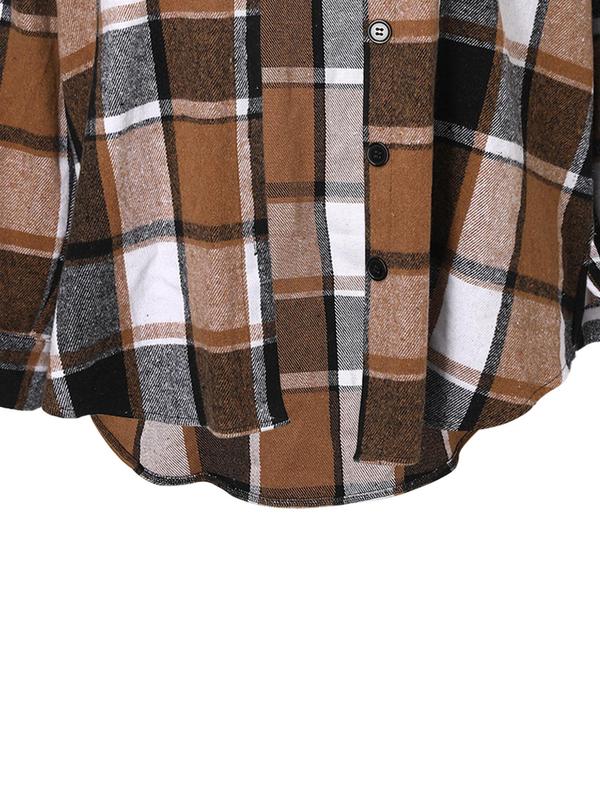  Tartan Print Button Front Drop Shoulder Jacket, Casual Long Sleeve Collared Pocket Outerwear for Fall & Winter, Women's Clothes for Daily Wear