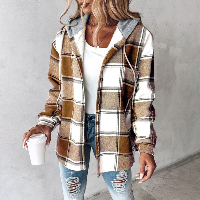 ChicMe Women's Plaid Pattern Long Sleeve Shacket Button Down Fleece Lined Hooded Jackets Warm Coat Casual Womenswear Comfort Outdoor Soft Winter Tops pink  shirt lady Plus Size Plaid Button-Up Shirt Women's Double Button Lapel Coat