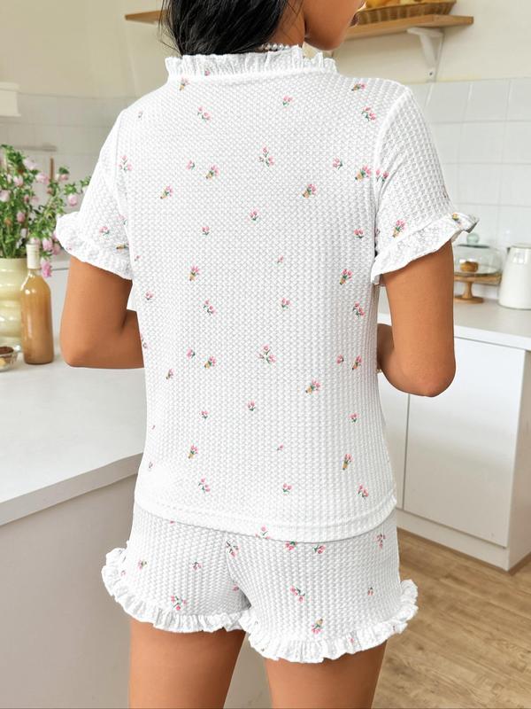 Two-piece Set Women's Ditsy Floral Print Frill Button Front Blouse & Shorts Pyjama Set, Summer Wear 2024, Cute Flounce Sleeve V Neck Top & Shorts Pj Set, Soft Comfy Sleepwear Set for Women Birthday Gifts