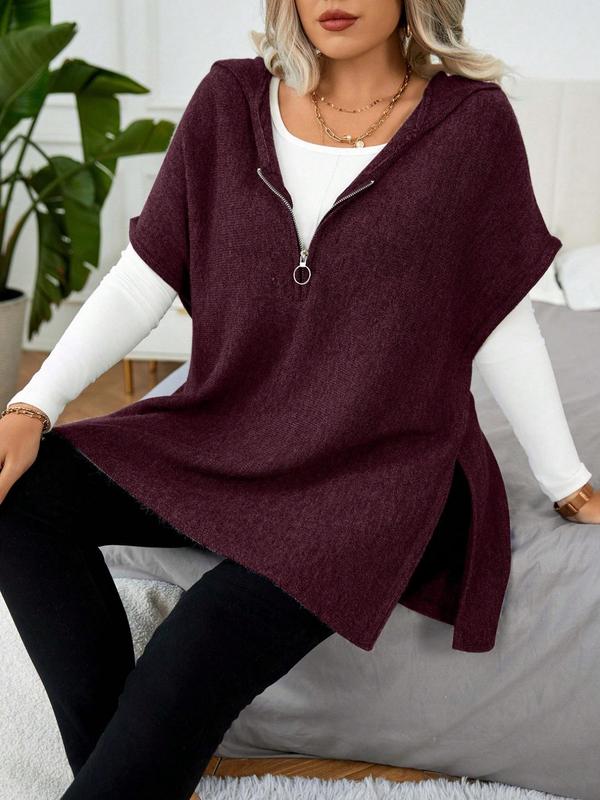 Women's Solid Color Batwing Sleeve Side Slit Hooded Sweater Vest, Casual Open Front Sleeveless Knit Top for Daily Wear, Ladies Clothes for All Seasons