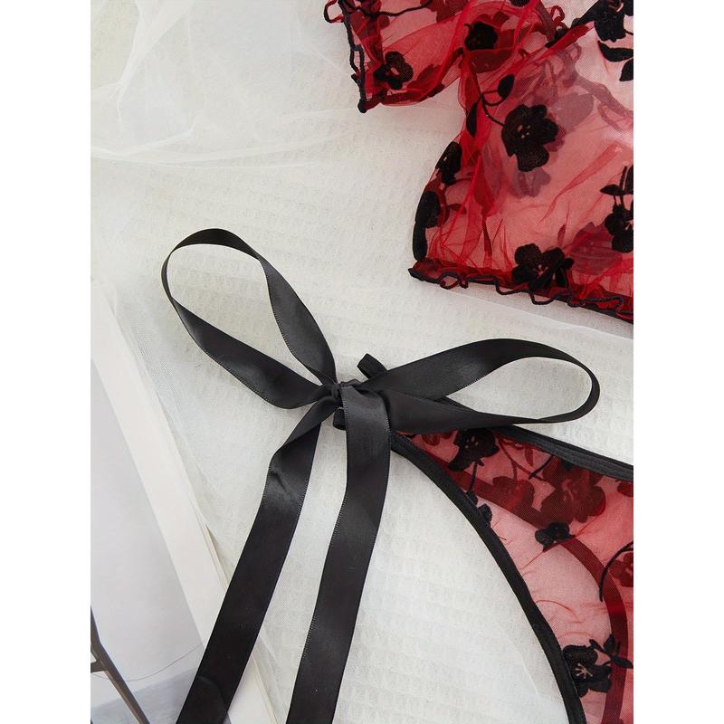 Floral See Through Mesh Lingerie Set, Frilled Off The Shoulder Intimates Top & Tie Side Thong, Women's Sexy Lingerie & Underwear