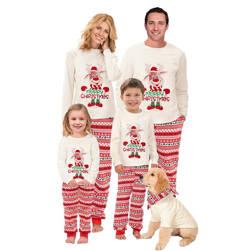 Family Matching Pajamas Christmas Elk Print Long Sleeve Tops and Elastic Pants Set for Loungewear Soft Sleepwear