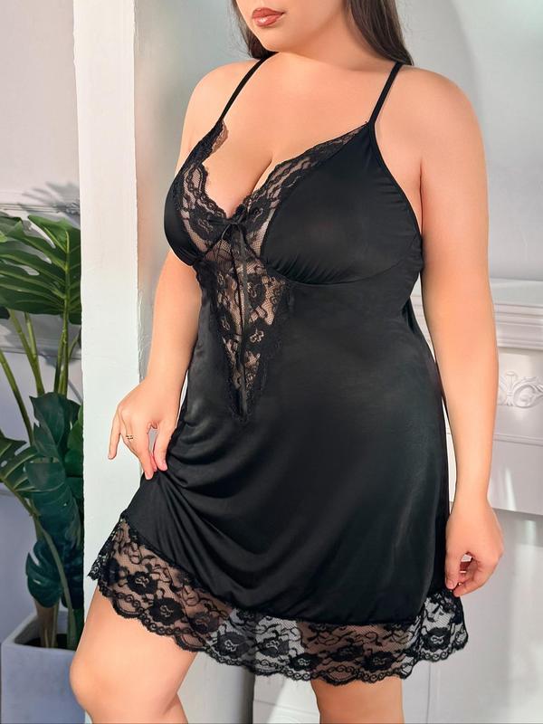 Plus Size Bow Front Contrast Lace Nightdress & Sheer Thong Set, Scallop Trim Sleeveless Nighty Dress & Panty, Women's Plus Sleepwear & Loungewear Set for All Seasons