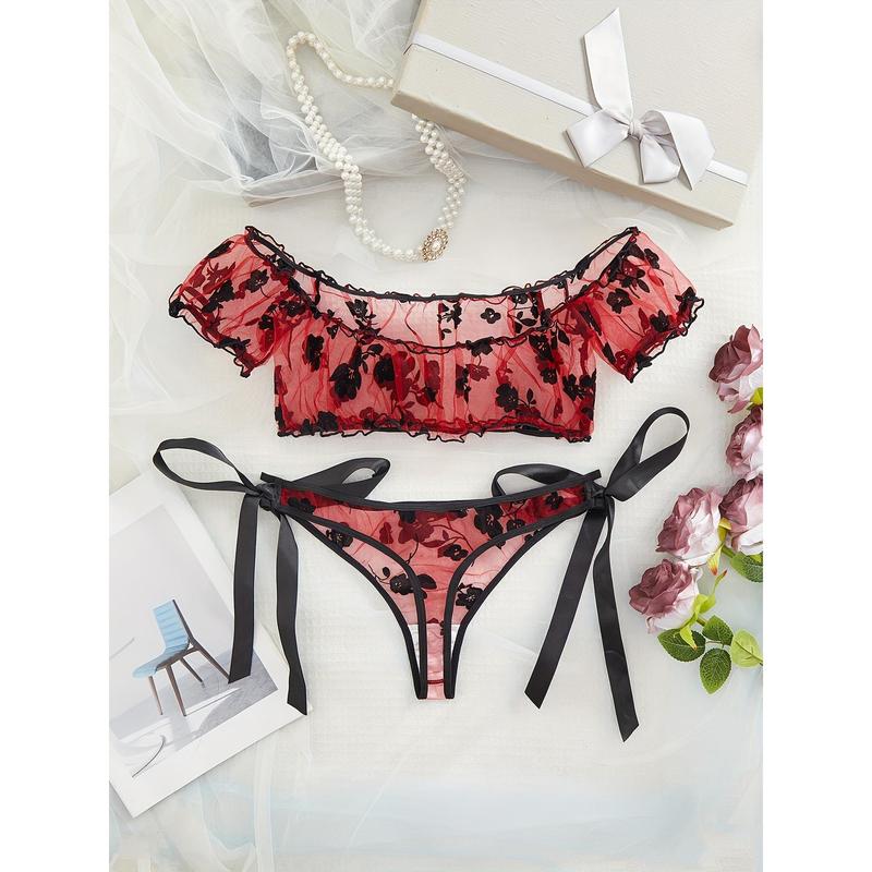 Floral See Through Mesh Lingerie Set, Frilled Off The Shoulder Intimates Top & Tie Side Thong, Women's Sexy Lingerie & Underwear