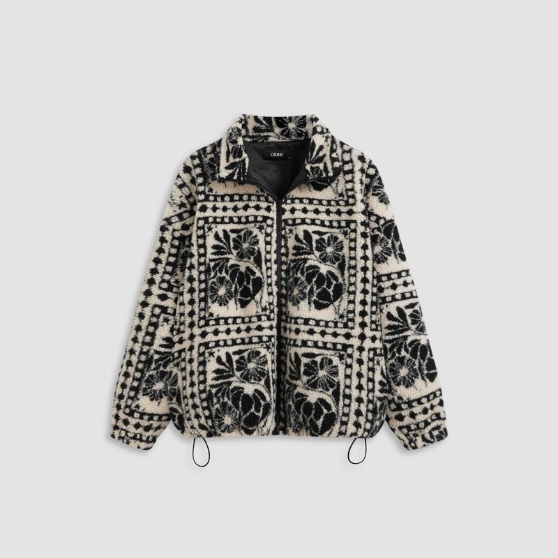 Cider [size 2-24] Fleece Stand Collar Abstract Drawstring Oversized Jacket