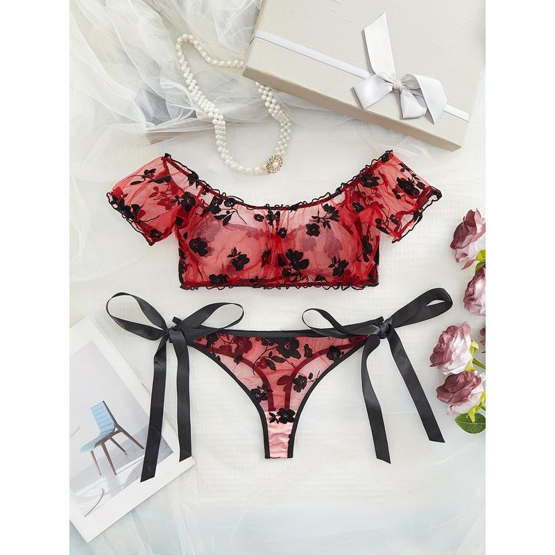 Floral See Through Mesh Lingerie Set, Frilled Off The Shoulder Intimates Top & Tie Side Thong, Women's Sexy Lingerie & Underwear