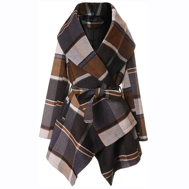 Autumn and Winter Hot Sale Lace-up Plaid Color Matching Woolen Coat Mid-Length Trench Coat for Women