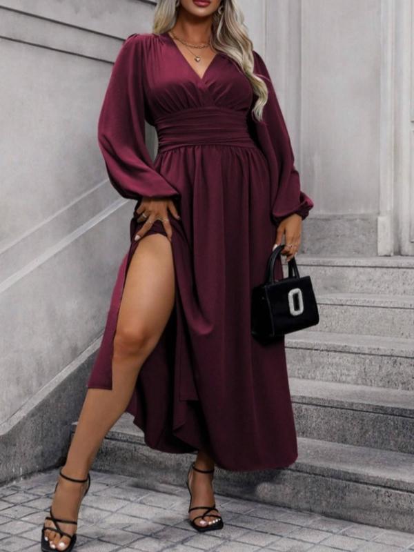  Solid Ruched Wrap Split Thigh Dress, Elegant Lantern Sleeve V Neck A Line Dress for Party Holiday Wedding Guest, Women's Clothes for Spring & Fall