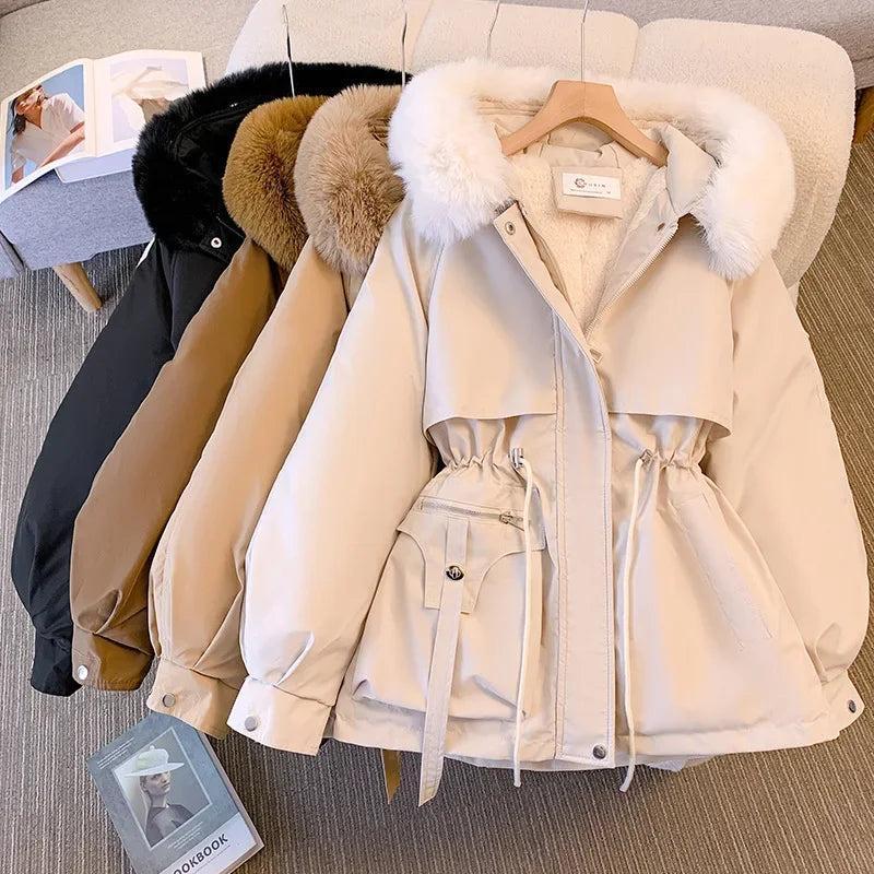 Women's Medium-length Waist-fitted SlimmingHooded Cotton-padded Jacket Warm FleeceLining Korean Style Autumn winter Coat