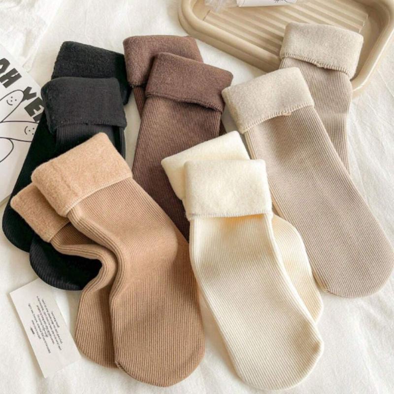 5pairs Women's Solid Color Thickened Fleece Lined Winter Snow Socks For Warm Keeping