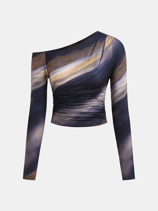 YOZY Women's All Over Print Ruched Asymmetrical Neck Tee, Casual Long Sleeve T-Shirt for Fall & Winter, Women's Clothing for Daily Wear