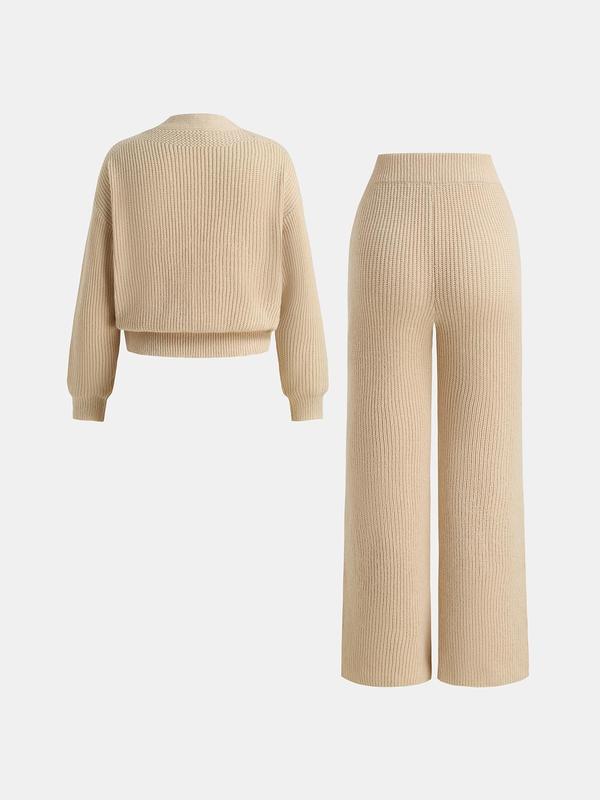 YOZY Women's Solid Drop Shoulder Sweater & Wide Leg Pants Two-piece Set, Casual Fashion Cozy Knitwear Set for Daily Outdoor Wear, Women Knitwear for Fall & Winter