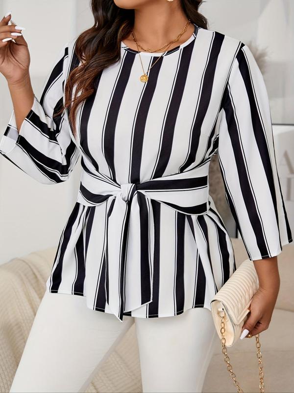  Striped Print Belted Shirt, Casual Long Sleeve Round Neck Top for Fall & Winter, Women's Clothes for Daily Wear