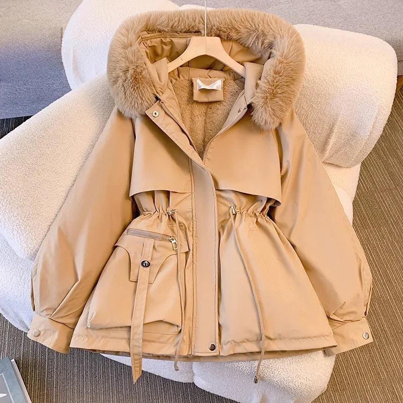 Women's Medium-length Waist-fitted SlimmingHooded Cotton-padded Jacket Warm FleeceLining Korean Style Autumn winter Coat