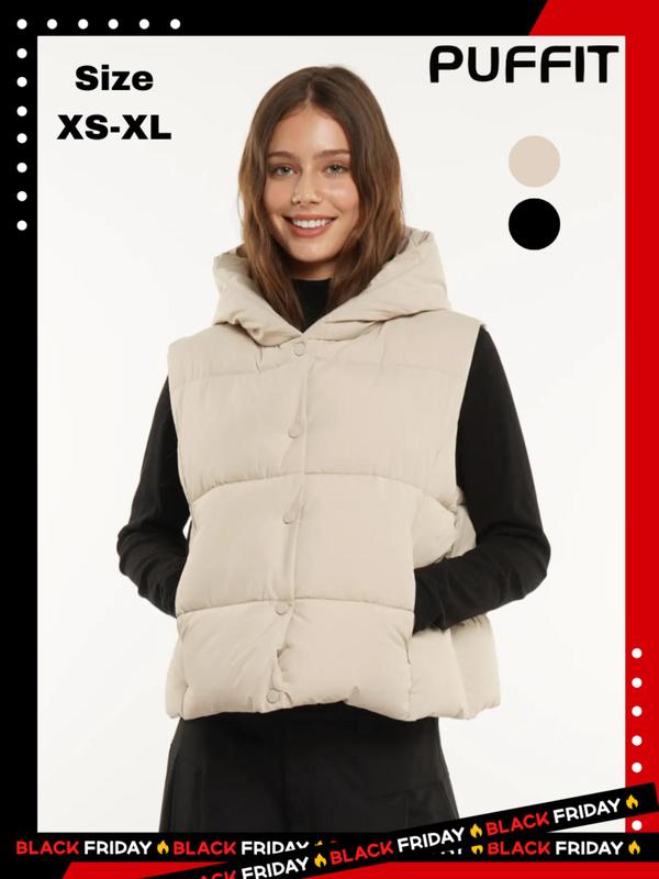 Women's Solid Button Front Hooded Puffer Vest Coat, Waistcoats,  Fall Outfits, Fallfreshness Casual Drawstring Gilet for Fall & Winter, Women's Clothing for Daily Wear