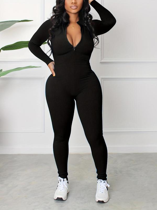 Solid Zipper Mock Neck Skinny Jumpsuit for Women, Casual Comfy Long Sleeve Jumpsuit for Daily Wear, Ladies Clothes for All Seasons, Going Out Outfits